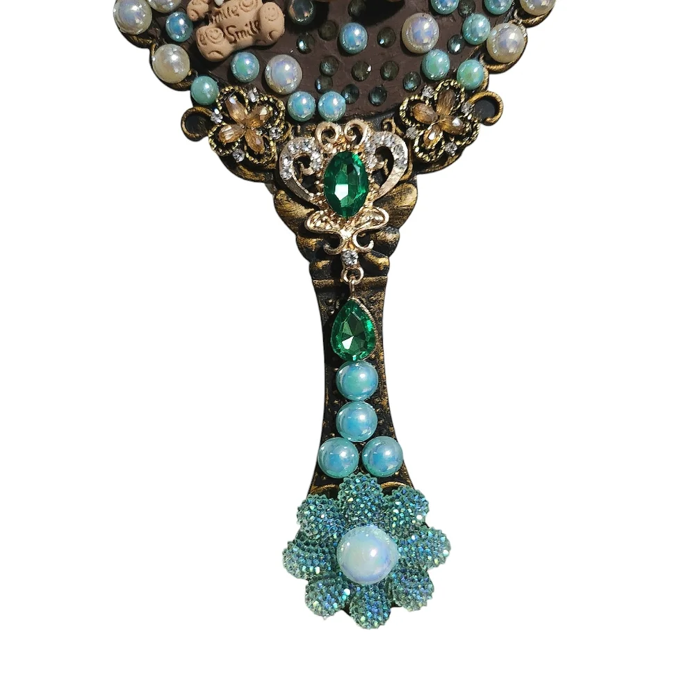 Handheld Beauty Makeup Mirror Clay Doll Bling Embellished Fashion Teal Brown